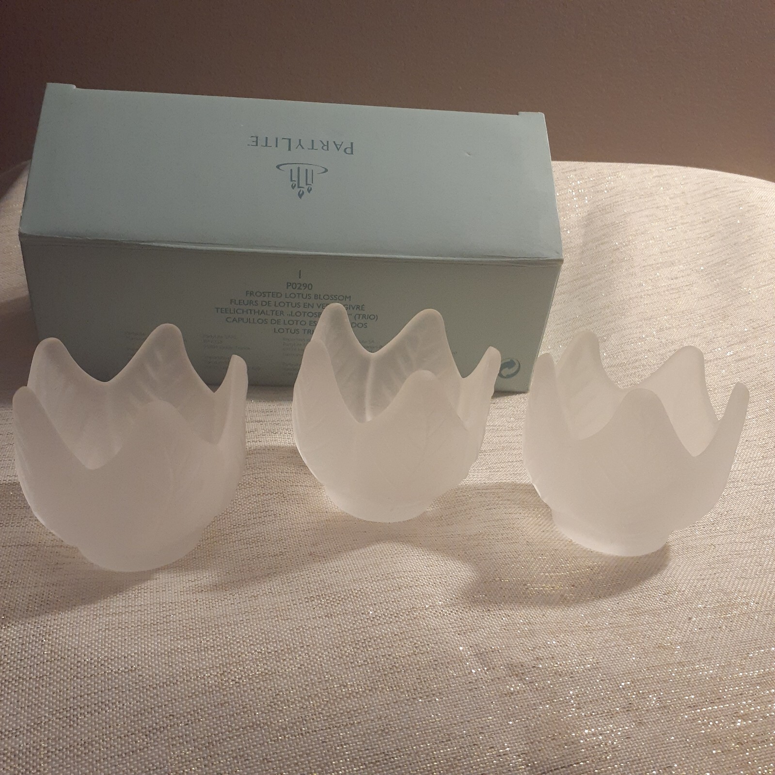 Partylite P0290 Frosted Lotus Blossom Candle Holders Set of 3 Glass Tealights