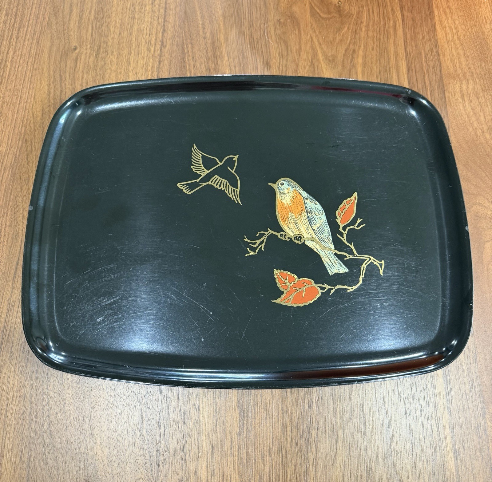 Vintage Couroc Of Monterey Serving Tray Robin Birds Autumn Leaves Black Vanity