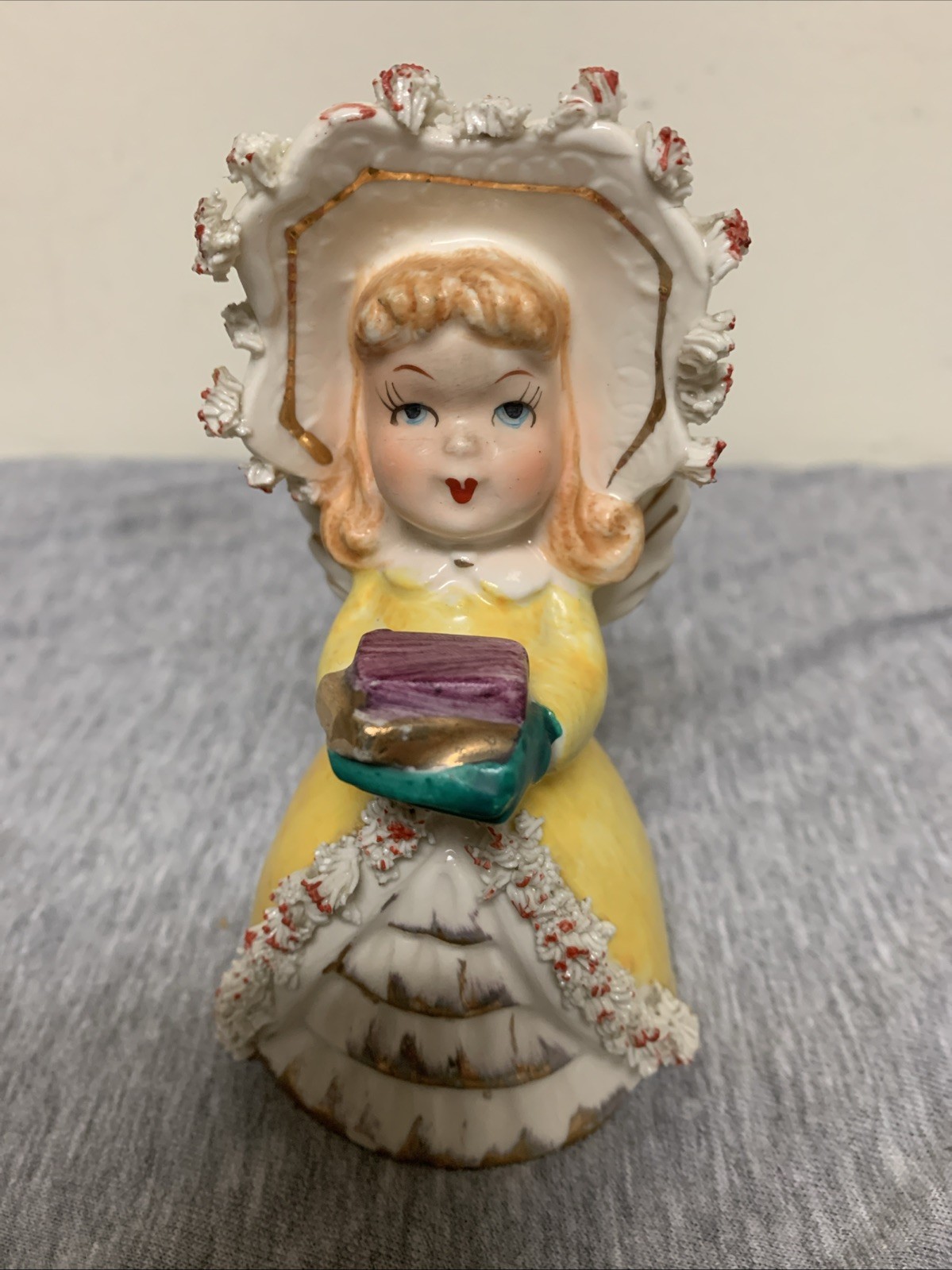 Vintage Hand Painted Ceramic Angel Girl Spaghetti Trim Figural Hand Bell