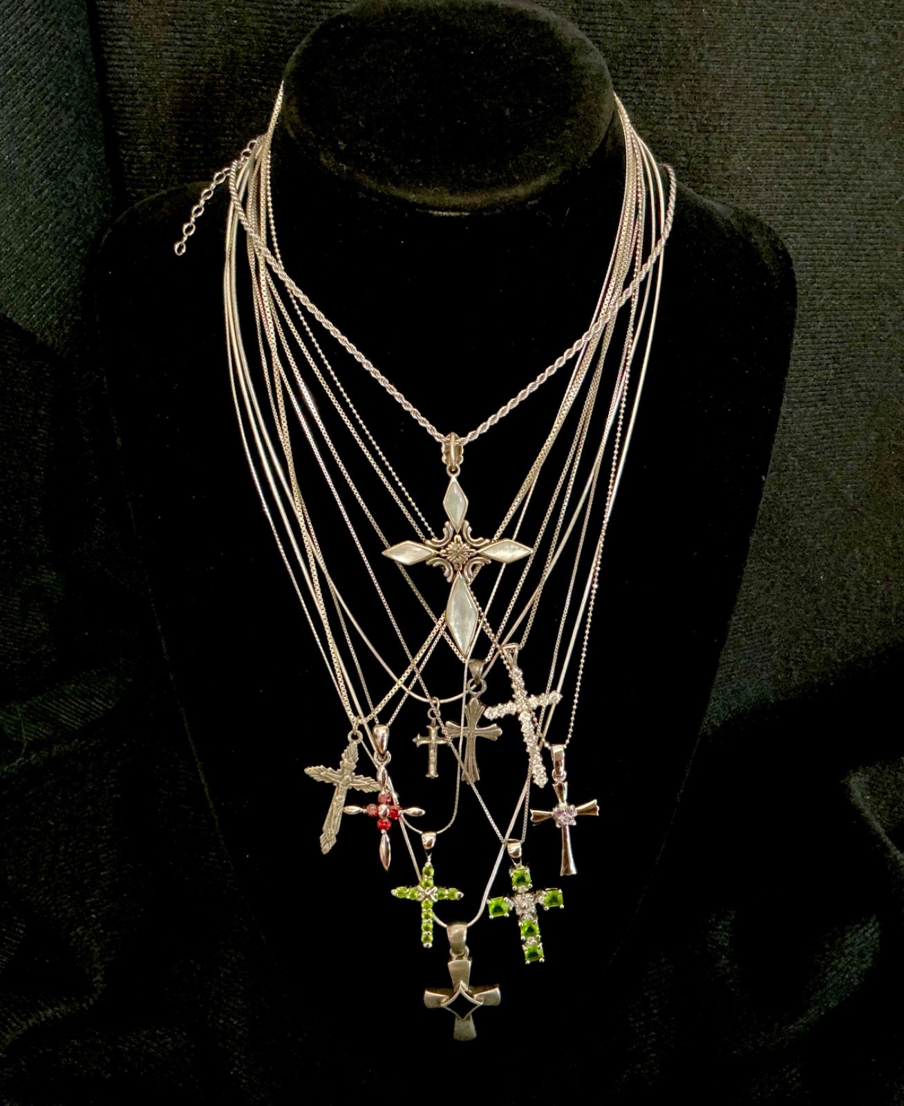 10 NOS STERLING SILVER CROSSES CRUCIFIXES ON STERLING CHAINS                6-65