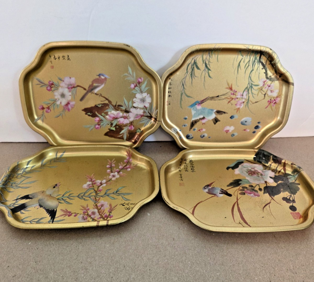 4 ELITE TRAYS Gold Bird & Flower Asian Oriental design Made In England, Used