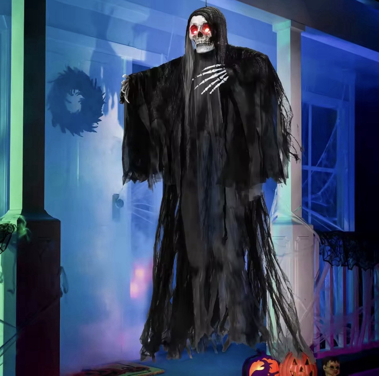 59” Animated Hanging Grim Reaper Halloween Prop Sound Activated Red LED Eyes