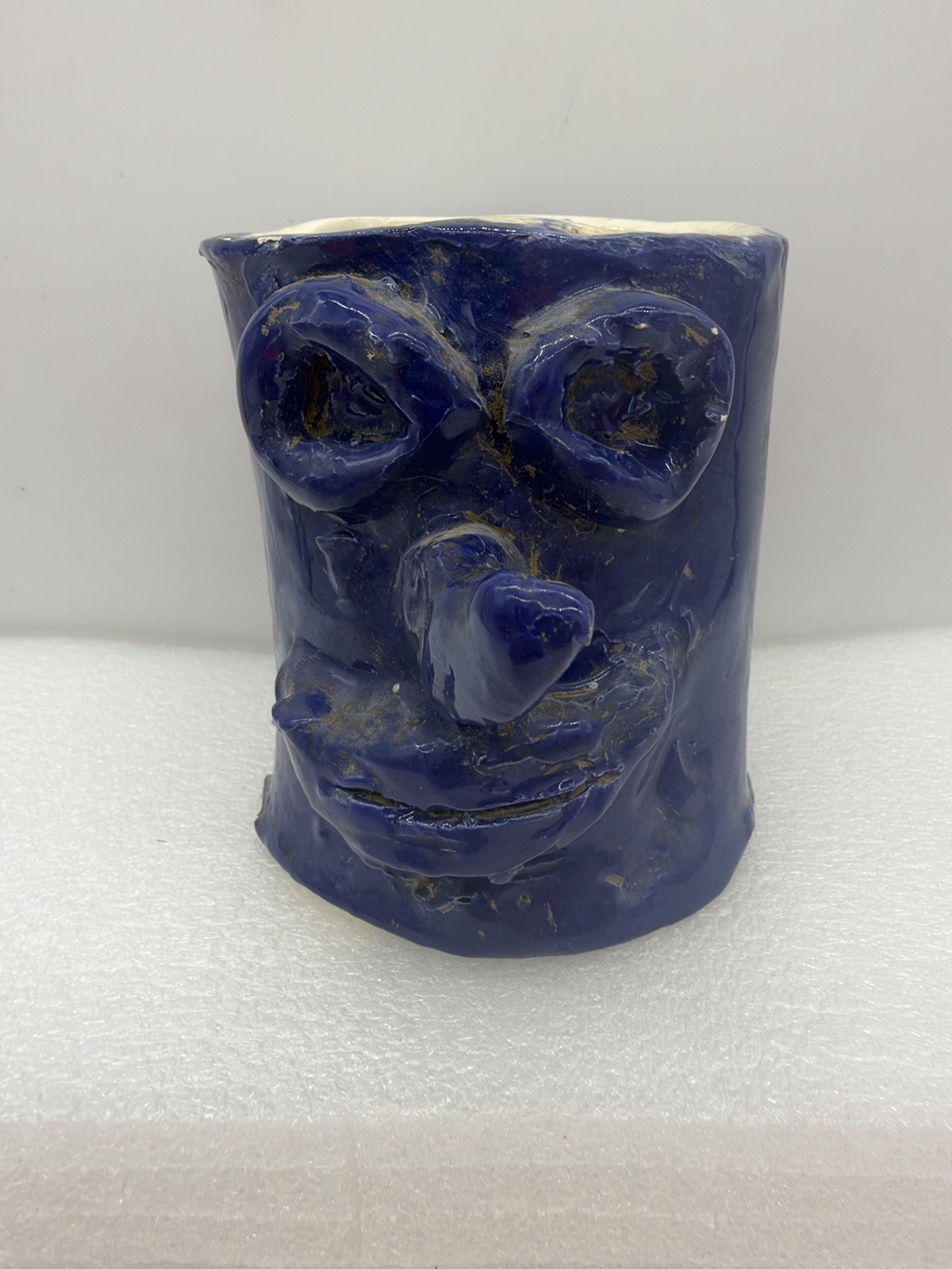 Vintage Studio Pottery Coffee Mug Funny Face Cup Whimsical Pen Holder Blue