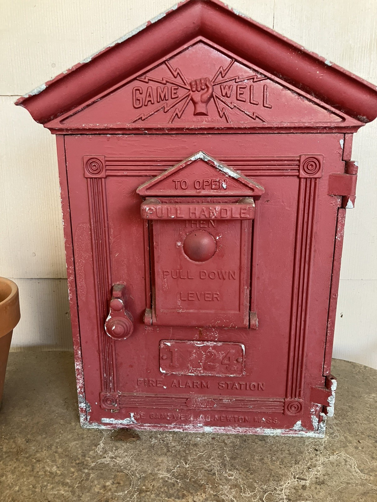 Vtg GAMEWELL FIRE ALARM PULL STATION CALL BOX HANDLE DOWN LEVER 