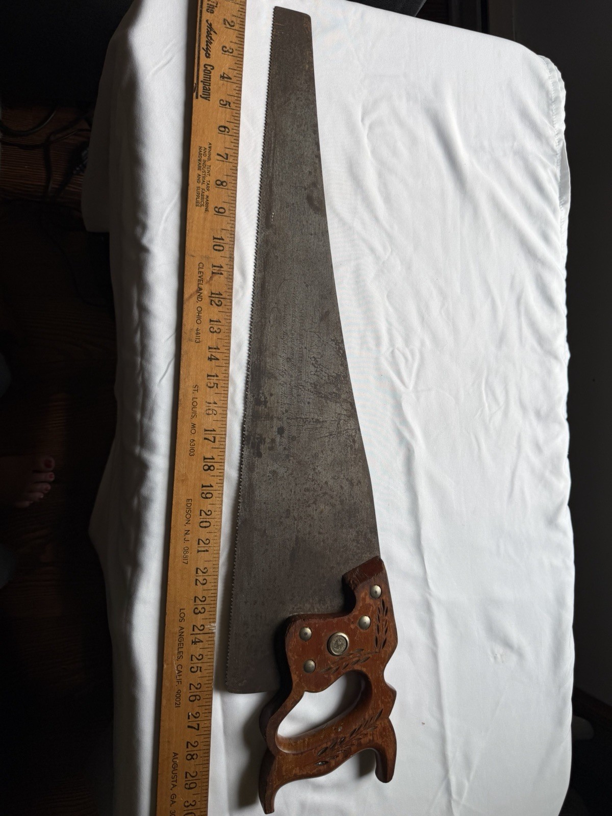 Vintage Warranted Superior Hand Rip Saw 26” Blade With Engraved Blade One