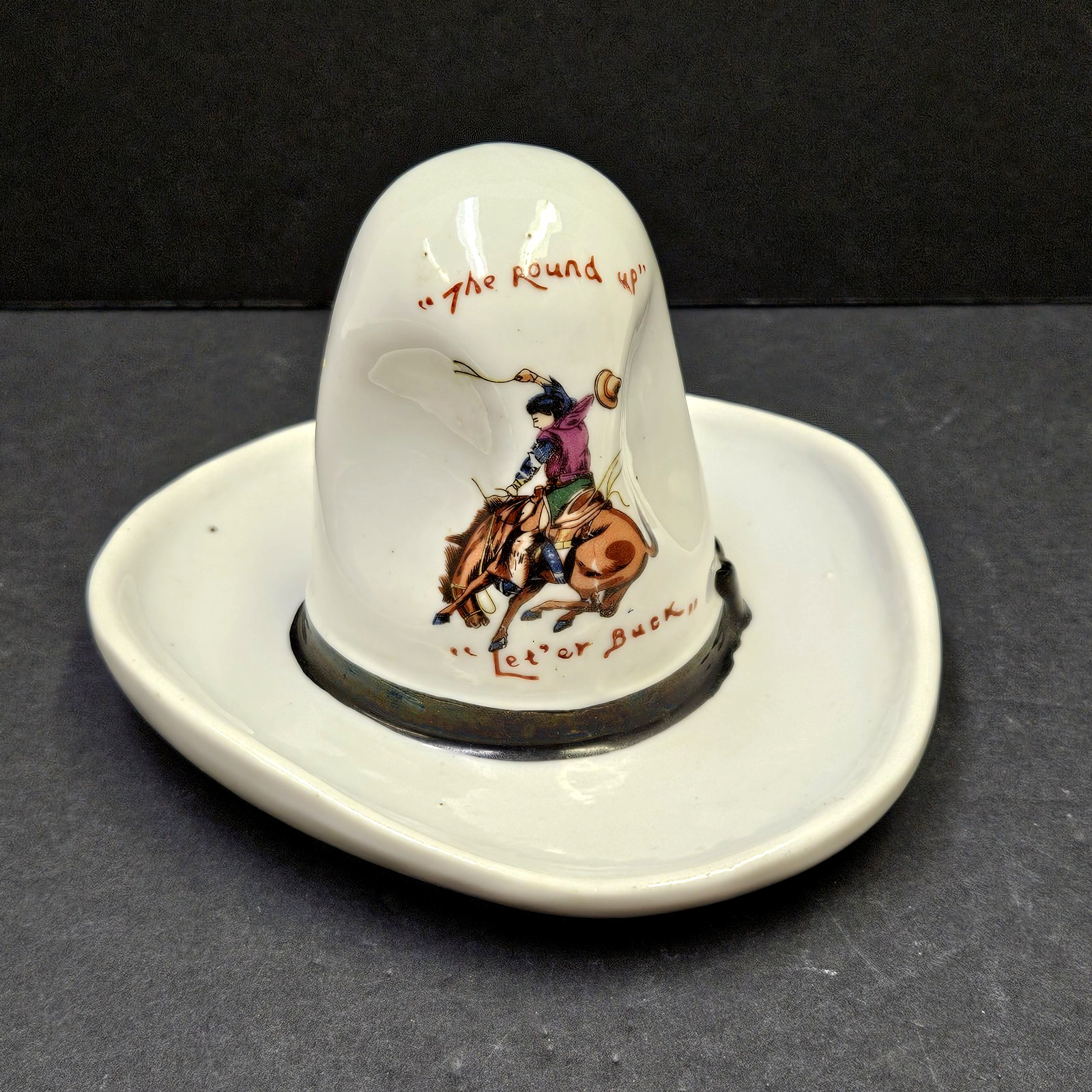 VTG Porcelain Cowboy Hat Dresser Trinket Tray The Round Up Let'er Buck Western