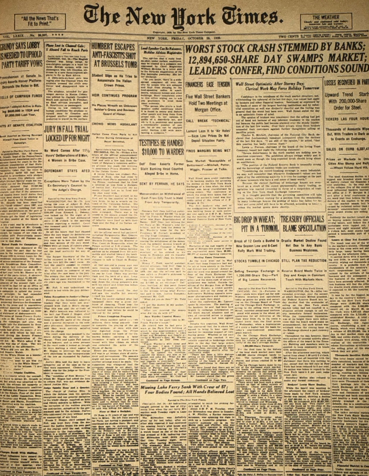 Vintage Great Depression Stock Market Crash of 1929 NEW YORK TIMES News Article