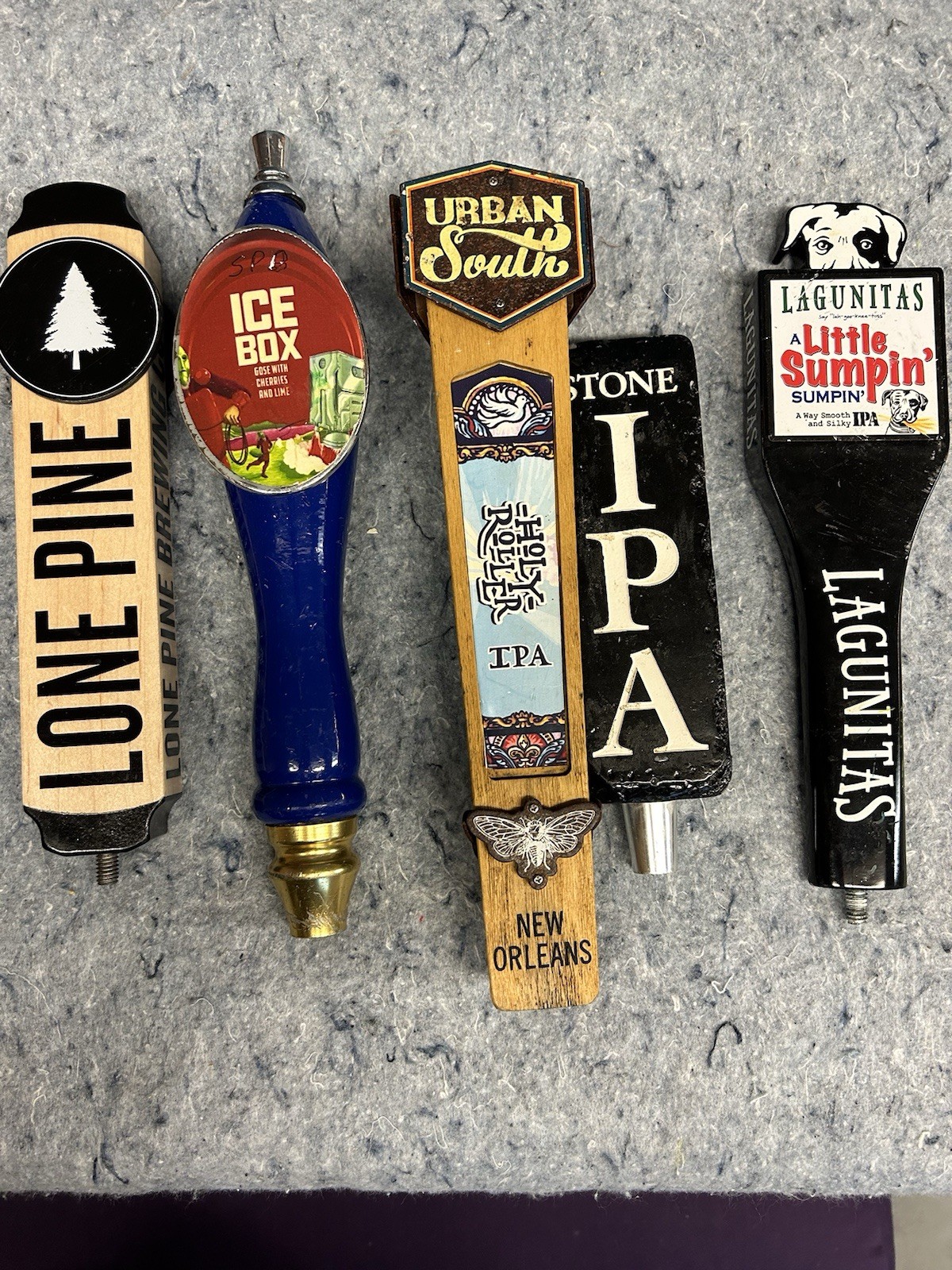 Lot of 5 Beer Tap Handles LONE PINE, URBAN SOUTH, STONE, LAGUNITAS, ICE BOX