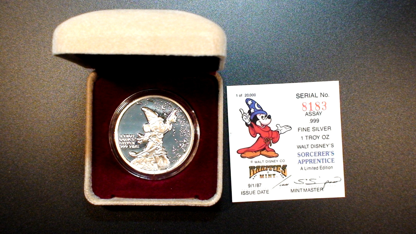 1987 DISNEY SORCERER'S APPRENTICE 1 OZ .999 SILVER COIN IN CAPSULE WITH COA