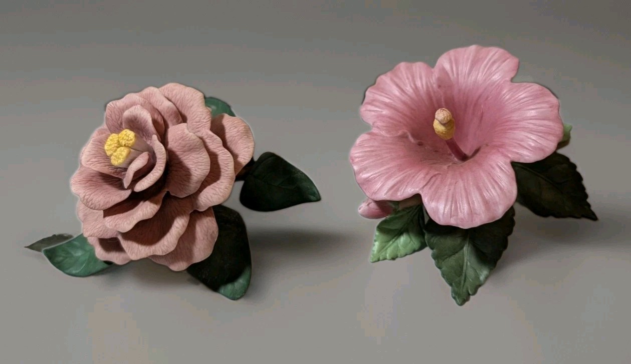 1990 Lenox Fine Porcelain Flower Figurines Pink Hibiscus Camellia Set Box