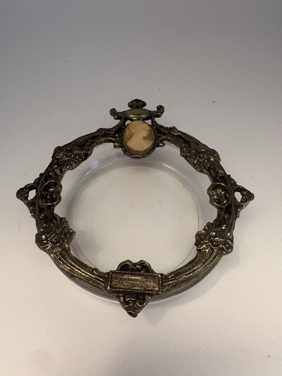 Vintage Mementos Cameo Ashtray Ornate Cast Metal Glass Insert
