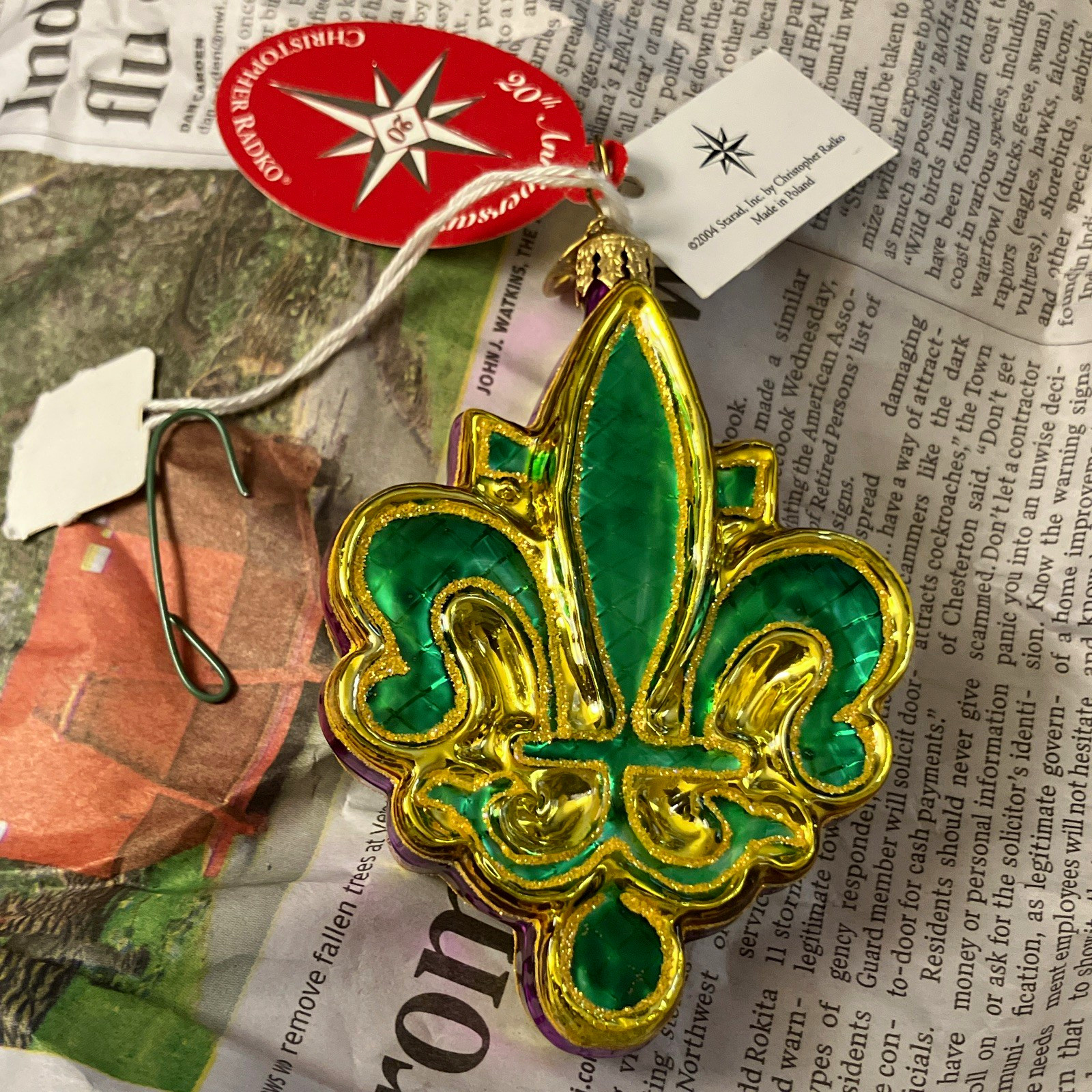 Christopher Radko Fleur-de-Lis Glass Hanging Ornament Green/Gold Christmas 2004