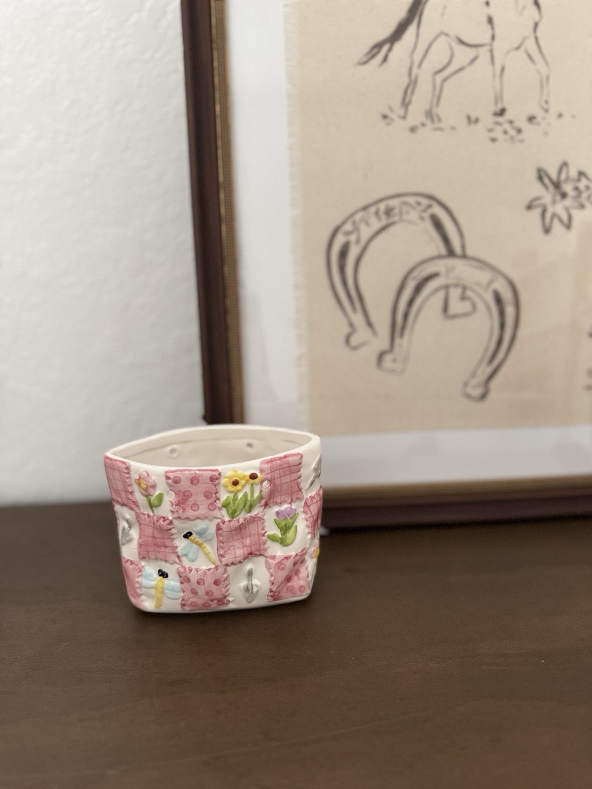Vintage Pink Ceramic Patchwork Quilt Mini Planter Pot 3.5\