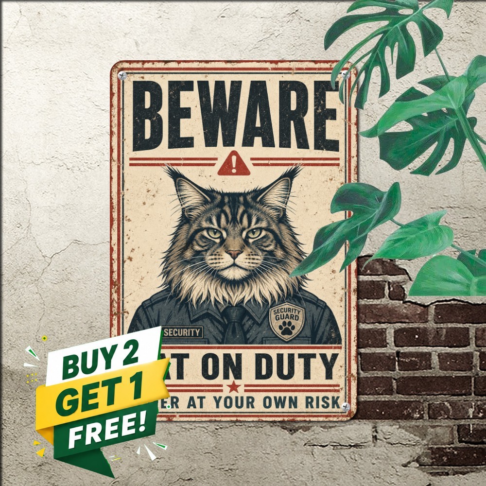 Majestic Maine Coon Cat On Duty Feline Pet Art Plaque Retro Metal Tin Sign 8x12