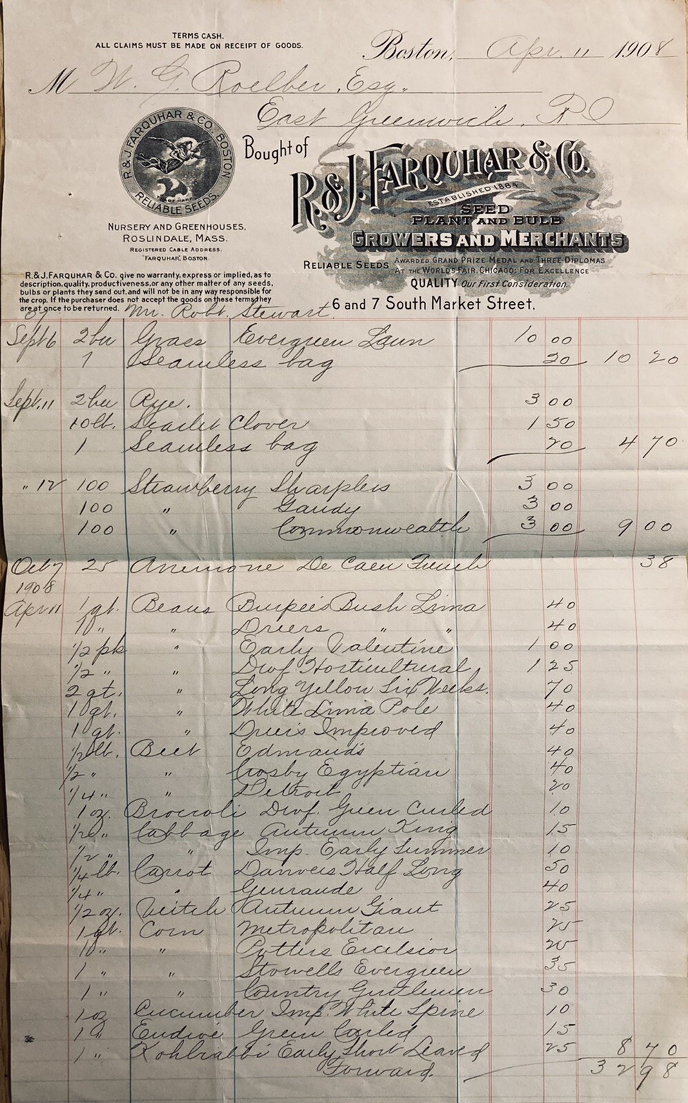 1908 BILLHEAD~R & J FARQUHAR CO. MARKET ST. BOSTON. SEED GROWERS AND MERCHANTS