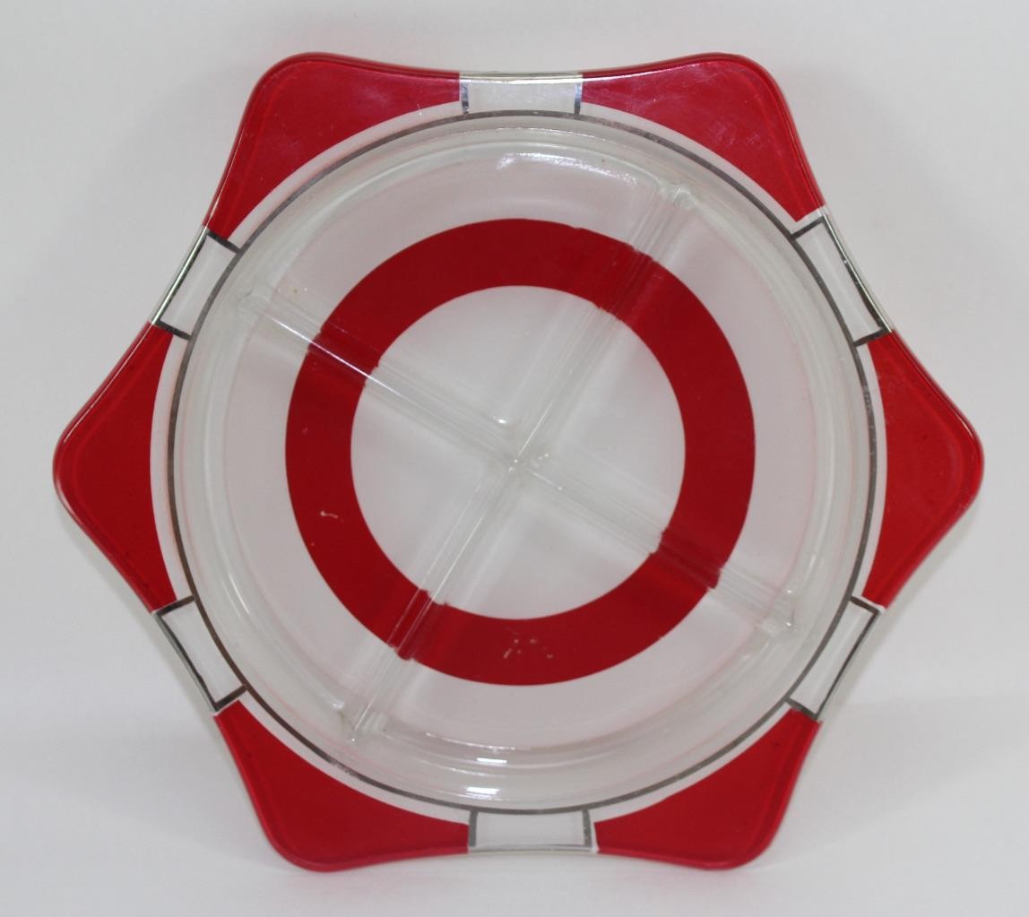 Mid‑Century Modern Red & Clear Divided Relish Dish Serving Dish