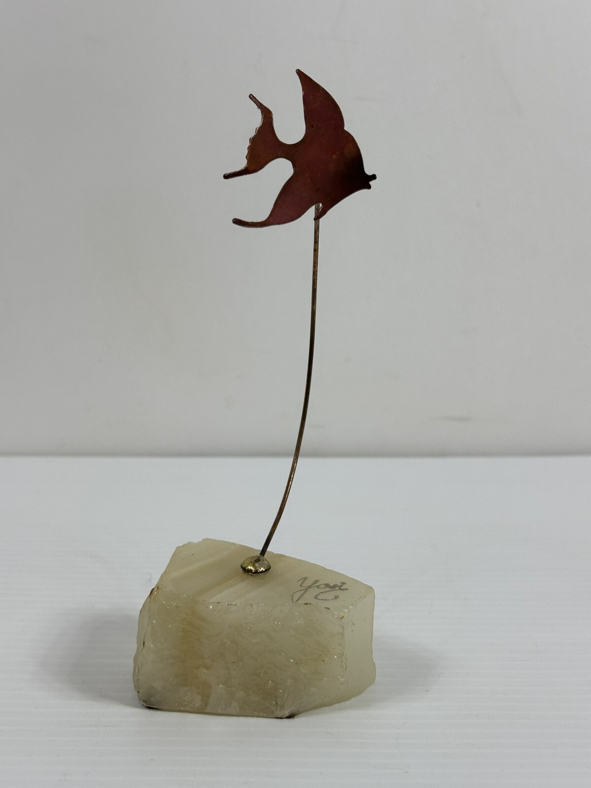 Vintage Brutalist MCM Fish Ocean Scape Onyx Base Sculpture Signed Yosi Copper