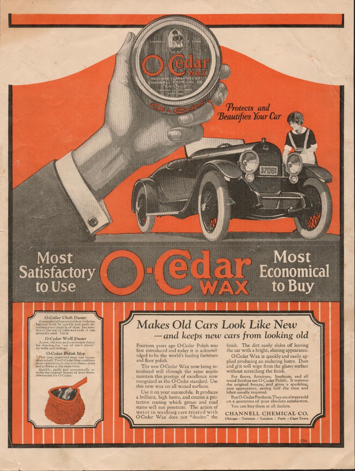 1923 OLD MAGAZINE PRINT AD, CHANNELL, O-CEDAR WAX, AD464 1923 OLD MAGAZINE PRINT AD, CHANNELL, O-CEDAR WAX, AD464