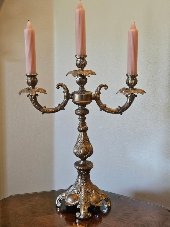 Ornate Gilt-Metal 3-Arm Candelabra w/ Pink Candles
