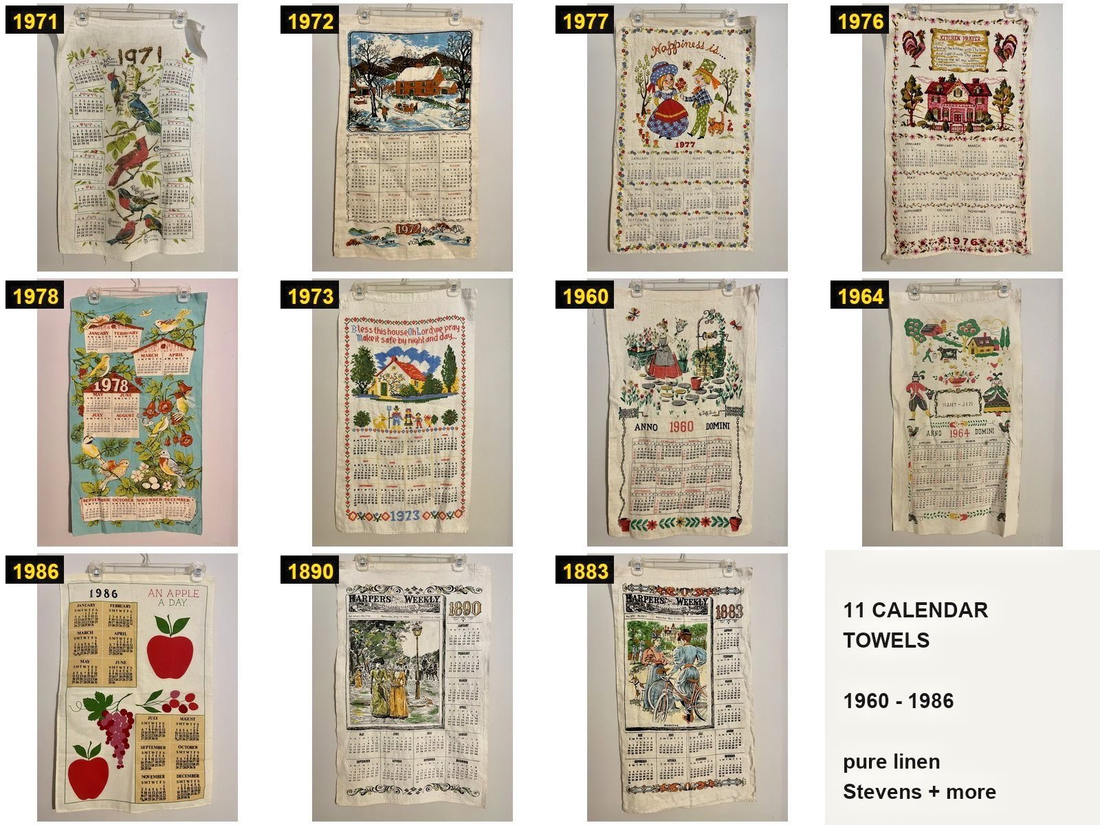 Lot 11 Vintage Linen Calendar Tea Towels 1960-1986 Stevens Harpers Weekly Birds