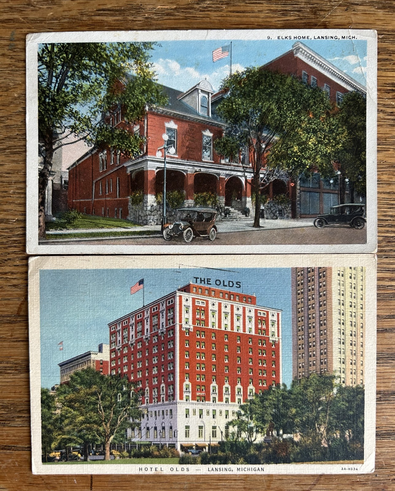 Two Antique Lansing MI Postcards – Hotel Olds & Elks Home – Postmarked 1910s
