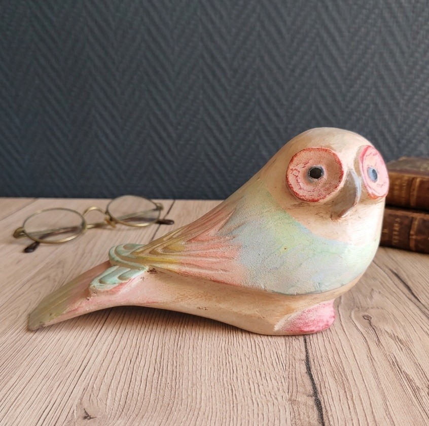 Vintage Polychrome Pastel Carved Wooden Owl Sculpture, Bird Statuette