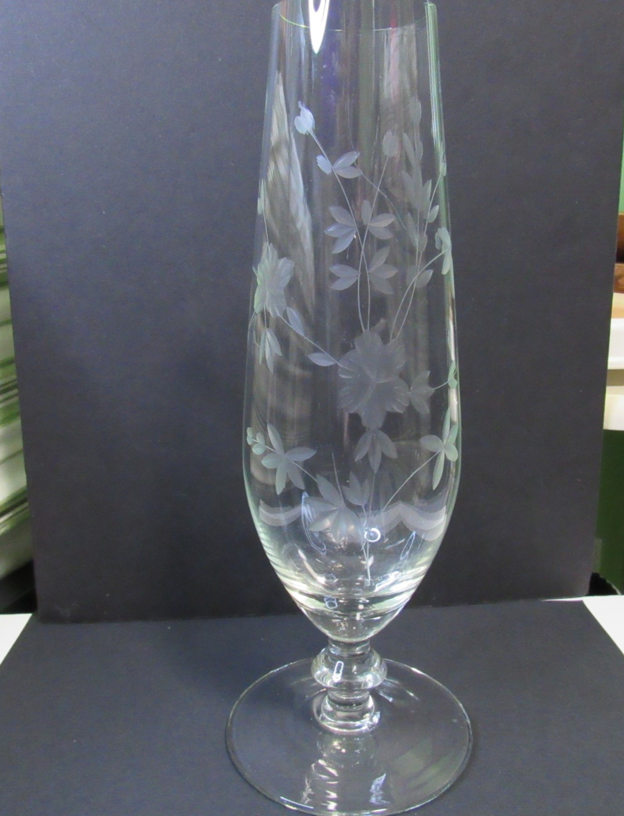 Vintage Etched Pedestal Vase • 9” • Floral Pattern • Tall & Elegant •Clear Glass