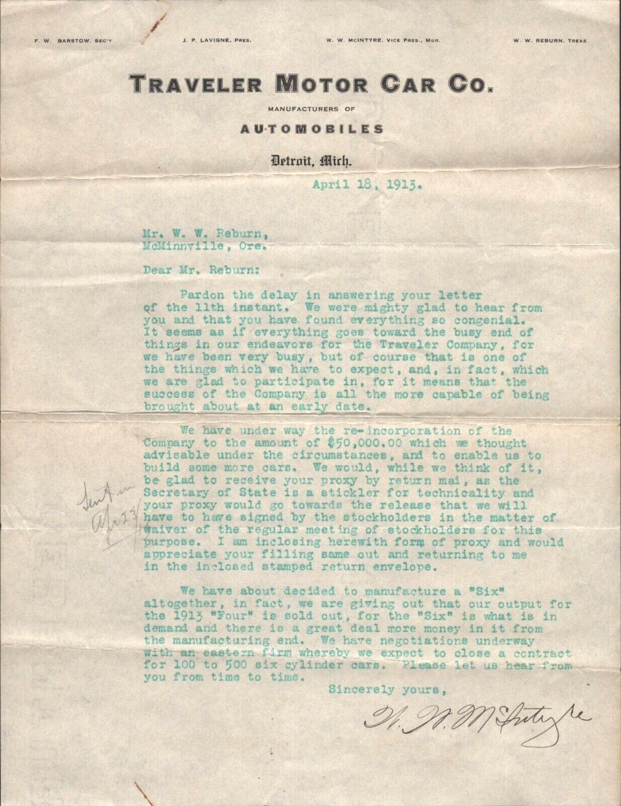 1913 TRAVELER MOTOR CAR COMPANY letter on letterhead, form DETROIT AUTOMOBILES a
