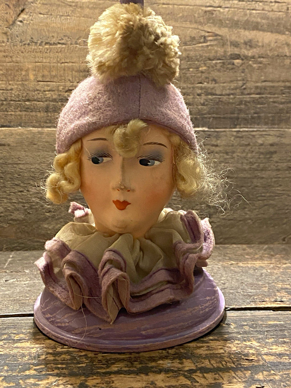 Antique Half Doll Hat Stand Purple Flapper Lady Boudoir Vanity Decor