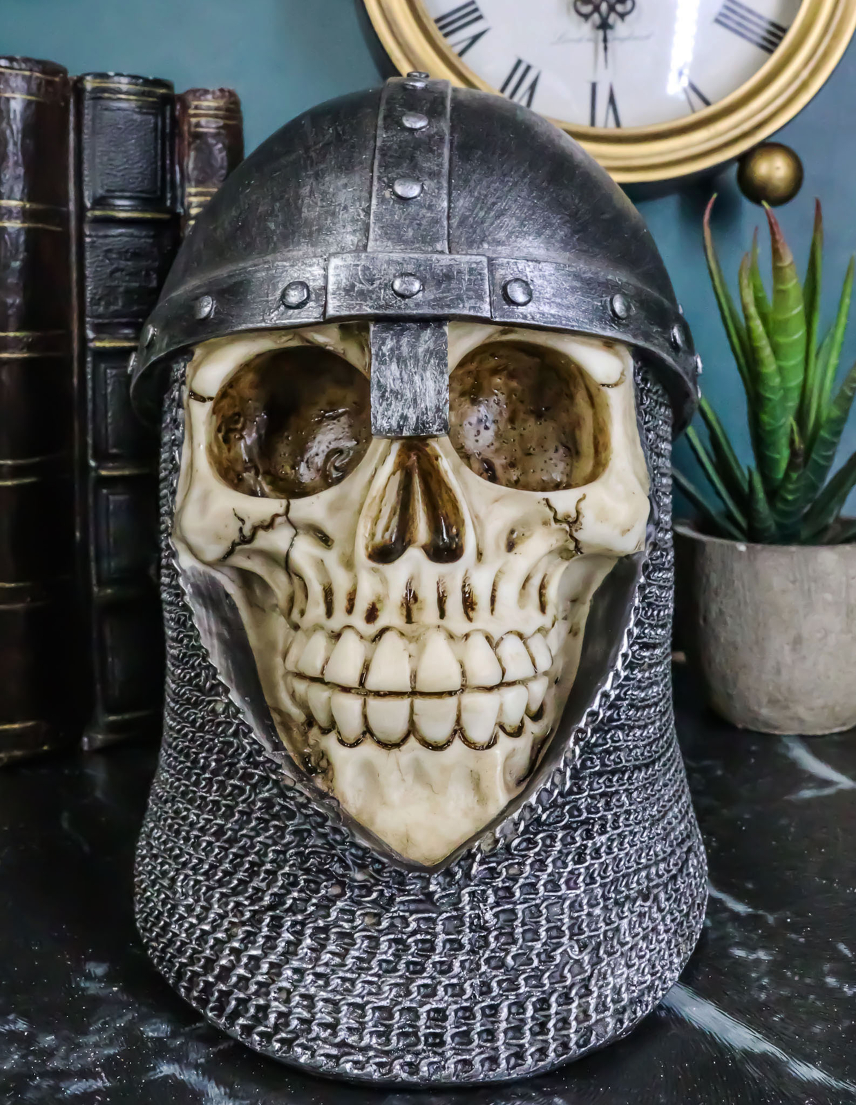 Ebros Medieval Knight Skull with Helmet and Head Coif Statue 6 Ebros Medieval Knight Skull with Helmet and Head Coif Statue 6