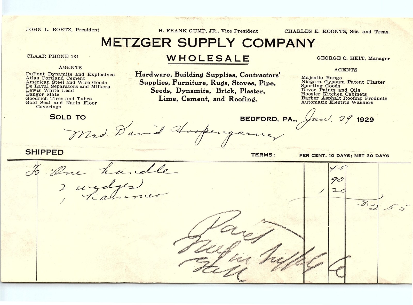 1929 Metzger Supply Co. Wholesale Billhead - Hardware/Suppli