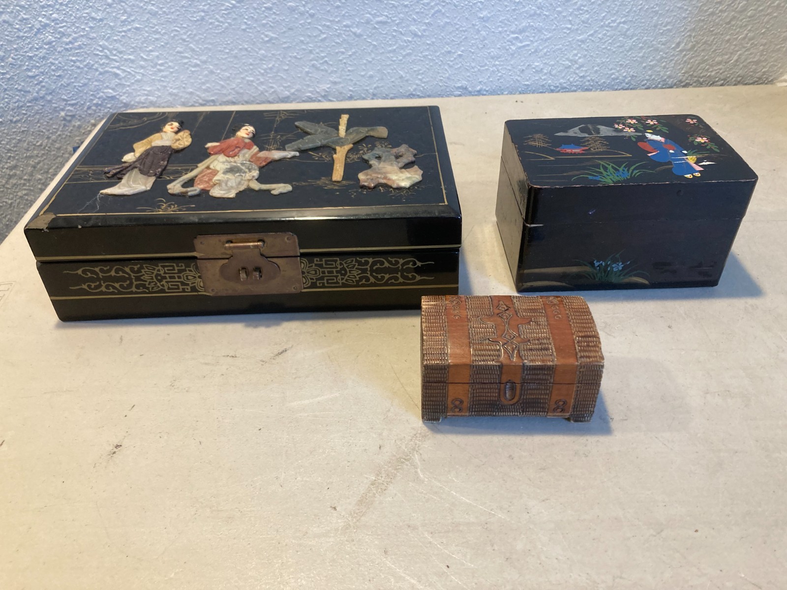 Lot of 3 Vintage Chinese & Japanese Jewelry Boxes Lacquer Jade Tramp Art Lot of 3 Vintage Chinese & Japanese Jewelry Boxes Lacquer Jade Tramp Art