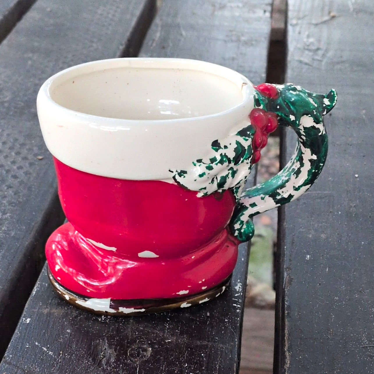 Lefton Boot-Shaped Figural Mug Red White Green Ceramic Japan Handle Lefton Boot-Shaped Figural Mug Red White Green Ceramic Japan Handle