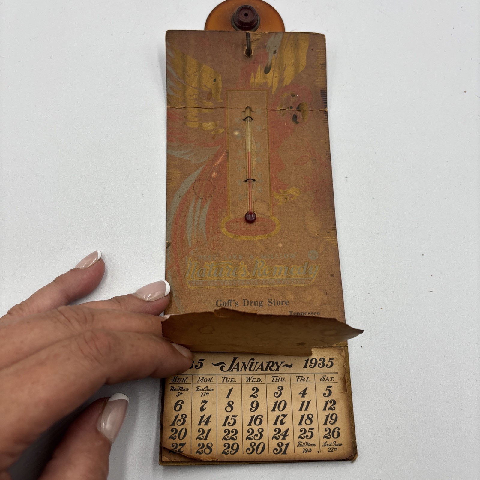 VTG 1935 Natures Remedy Tums Thermometer Calendar Goffs Drug Store Monterey TN