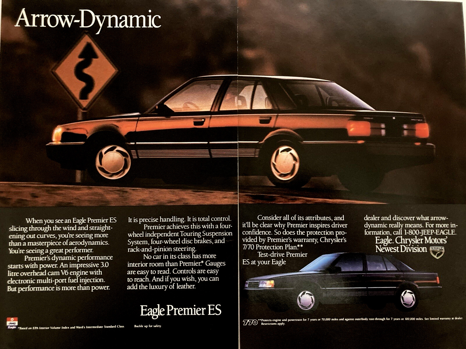 1990 Jeep Eagle Premier ES Two Page Print Ad Arrow Dynamic