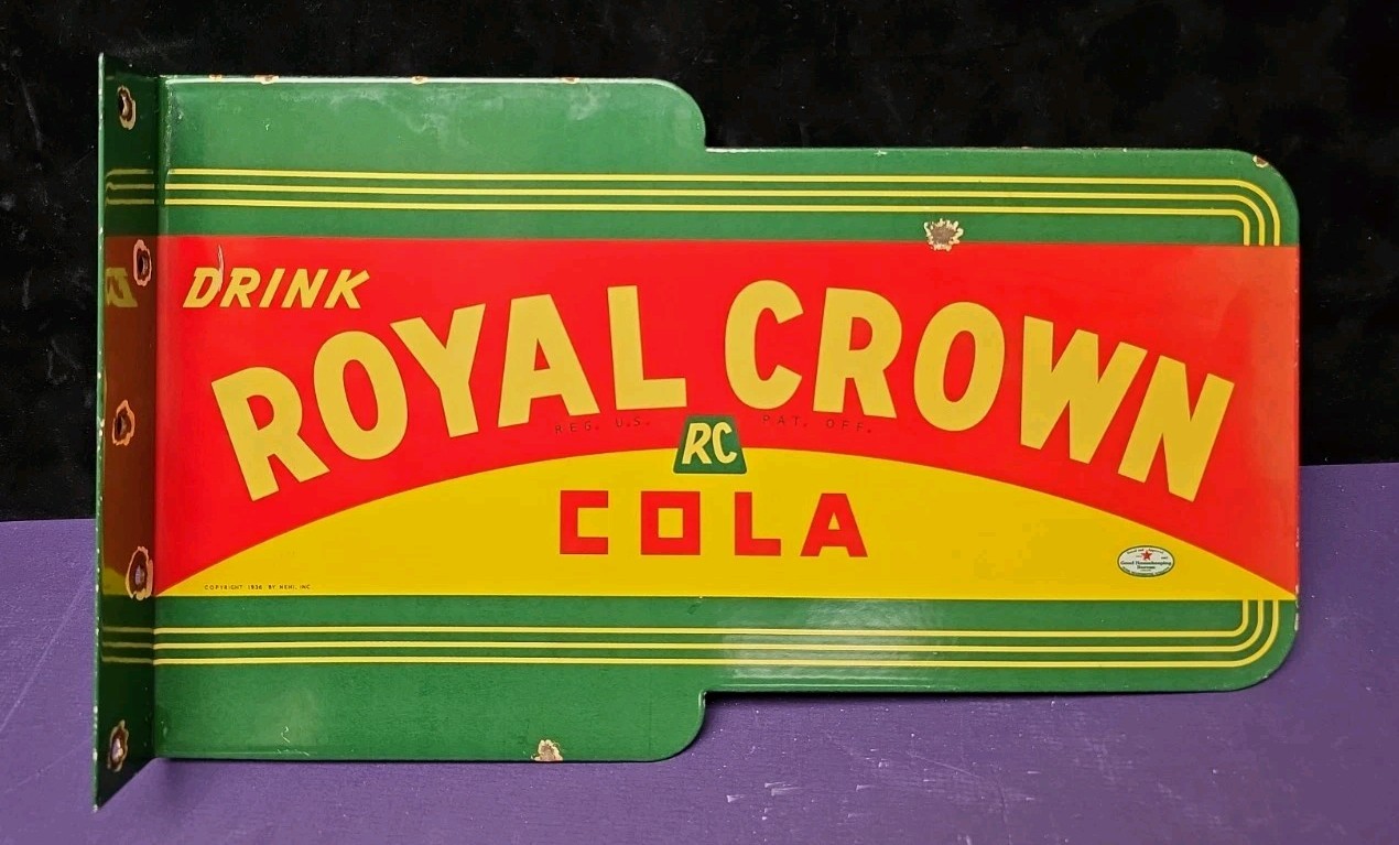 Vintage Porcelain Sign Drink Royal Crown Cola RC Double-sided Bracket Soda Gas 