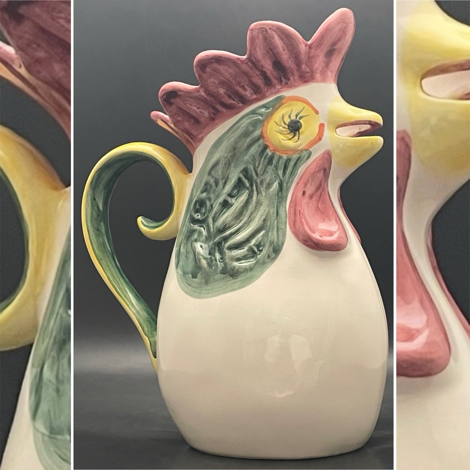 J.F. Ceramics Hand Painted 592 Rooster/Chicken Pitcher c1970s Portugal 12\