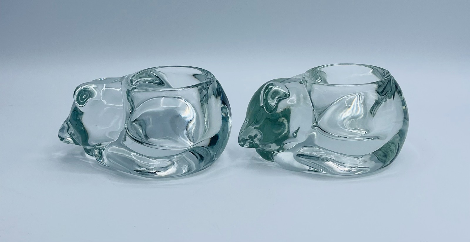 Vintage Indiana Glass Sleeping Cat Votive Candle Holders Clear Crystal Pair 2