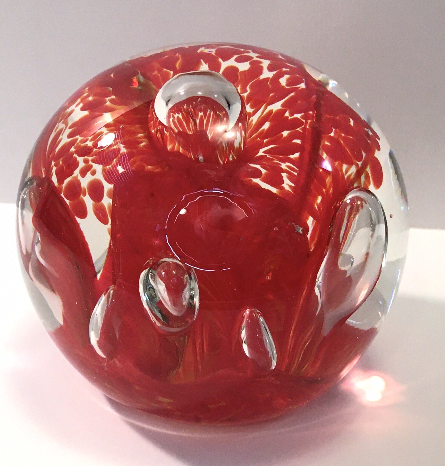 Joe Hamon Glass Paperweight Controlled Bubbles Red Flower or Abstract Art Signed Joe Hamon Glass Paperweight Controlled Bubbles Red Flower or Abstract Art Signed