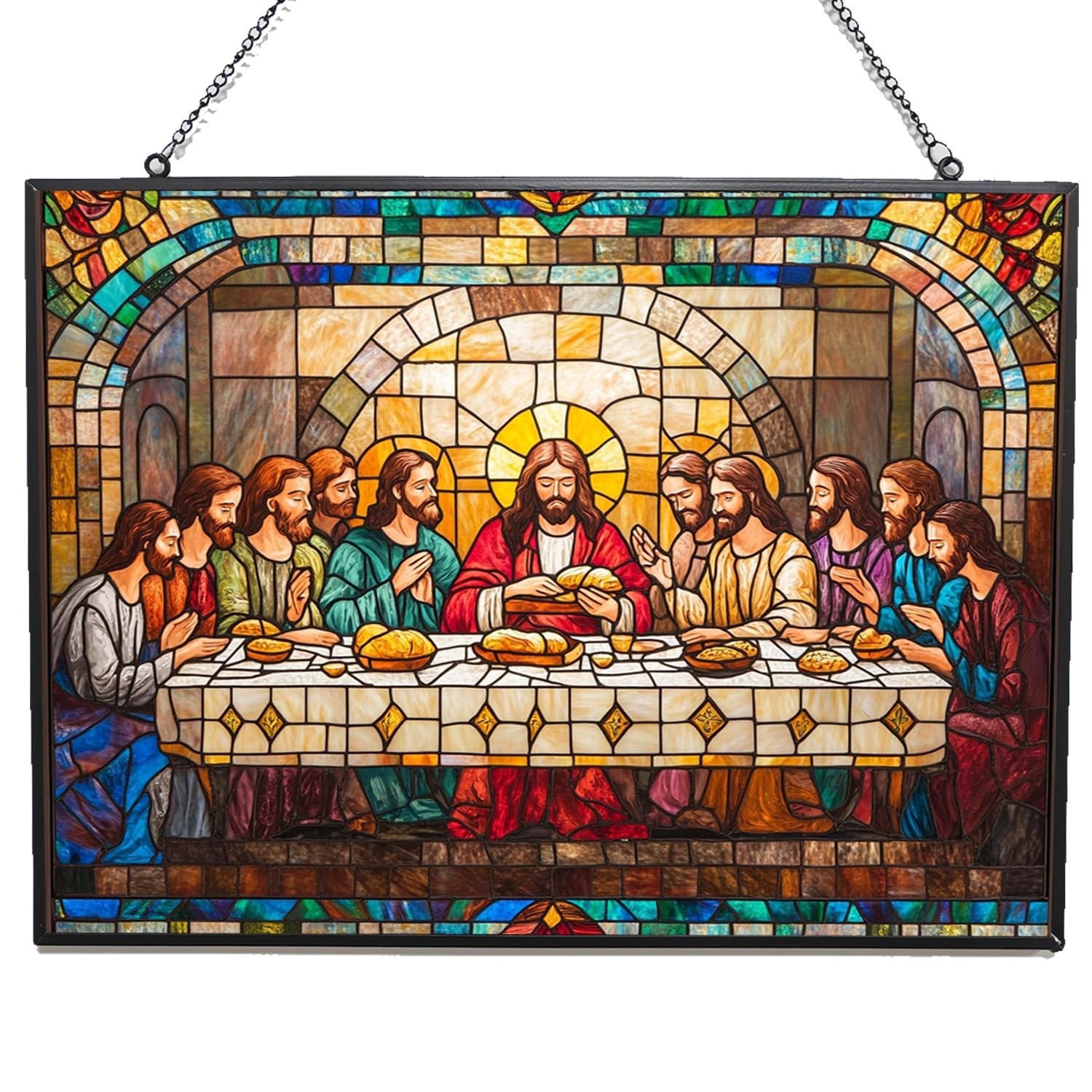 Rectangle Stained Glass Suncatcher, Boho Jesus The Last Supper Sun Catcher St...