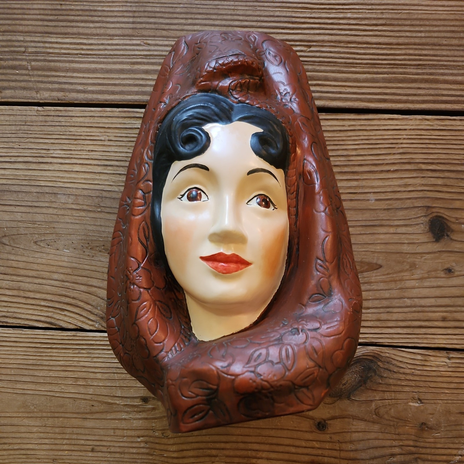 Vintage 1966 Chalkware Senorita Scarf Statue-Spanish Lady Bust-Marwal by Brower