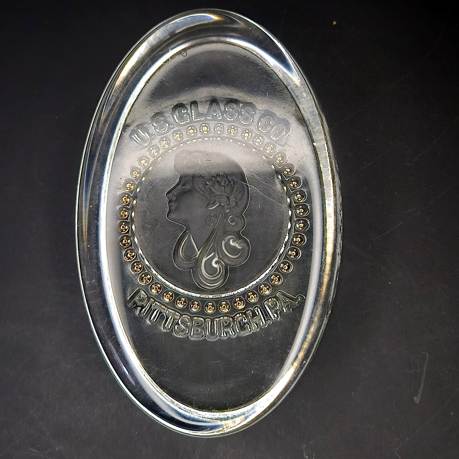 EAPG U.S. Glass Co Pittsburgh PA. Advertising Paperweight Long Hair Woman Cameo