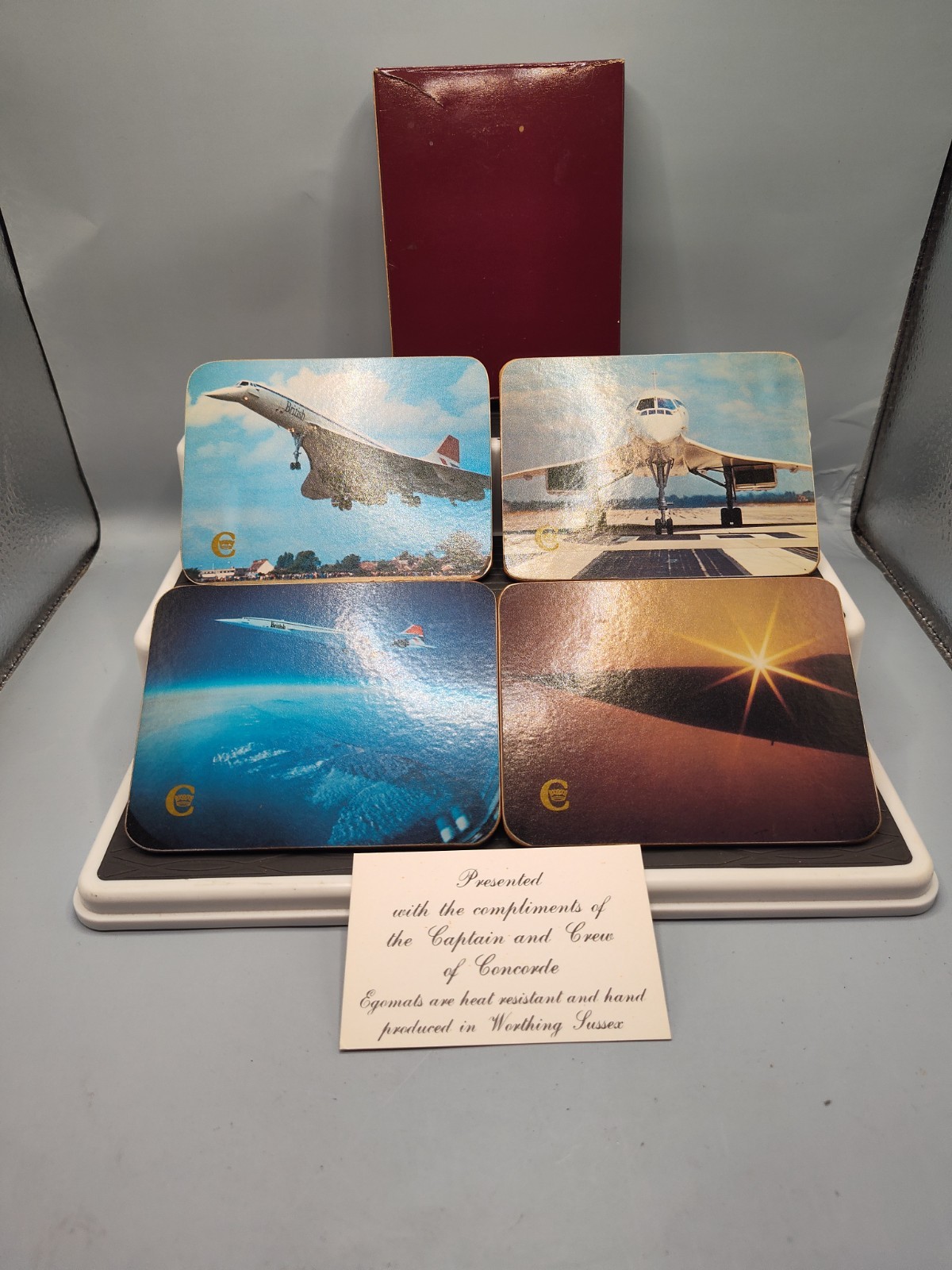 CONCORDE Original Set 4 British Airways Egomats Handmade Coasters Original Box CONCORDE Original Set 4 British Airways Egomats Handmade Coasters Original Box