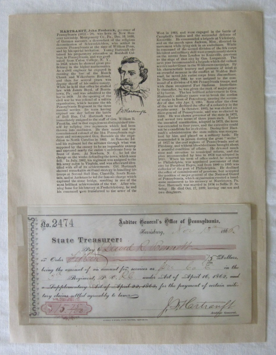 Org 1866 John F Hartranft Signed Signature Auditor General of Pa Payment Receipt