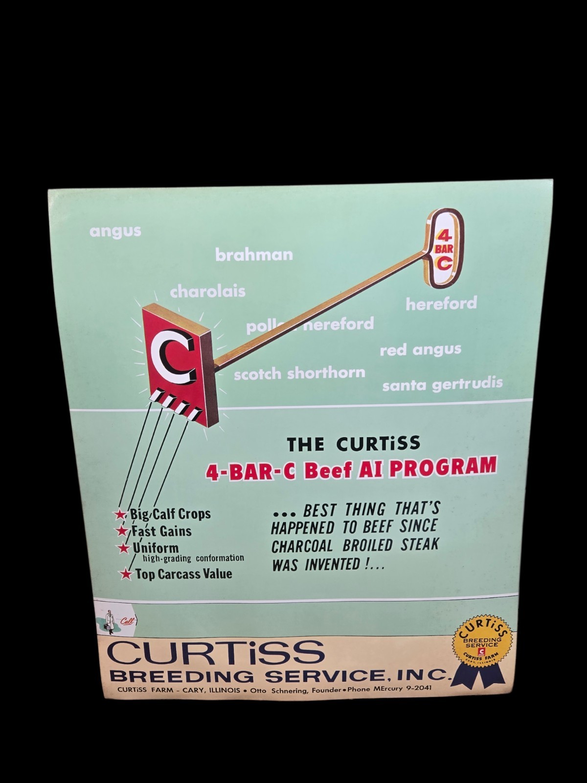Vintage 1950s Curtiss Breeding Service Heavy Stock Poster Sign 4 Bar C Beef Vintage 1950s Curtiss Breeding Service Heavy Stock Poster Sign 4 Bar C Beef