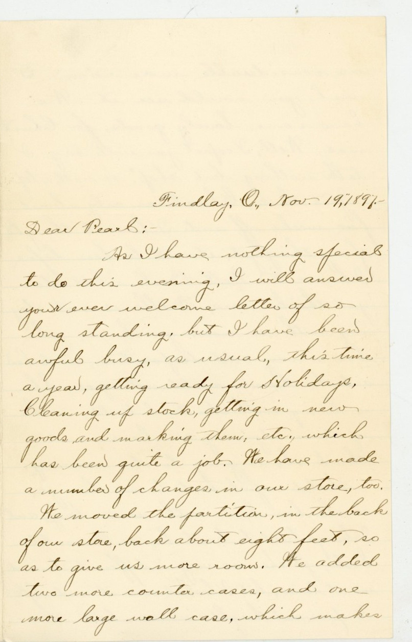 Findlay Ohio 1894 Handwritten Letter Frank Marvin Pearl Holiday Store Signed