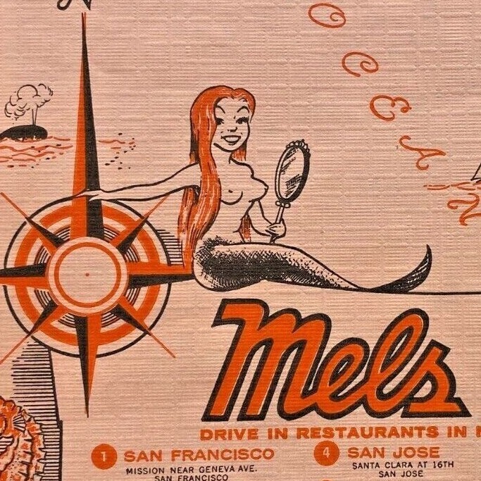 1950s Mel\'s Drive-In Restaurant Map Paper Placemat Mermaid San Francisco Oakland