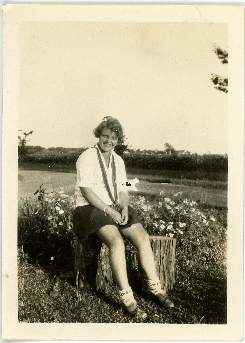 1928 Photo Ohio University Athens Chubby Girl Bertha Kulberg on Stump PE Uniform