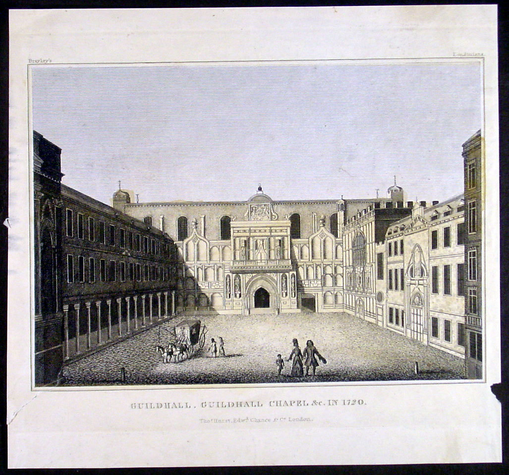 1828 Edward Wedlake Brayley Antique Print of the Guildhall Chapel London in 1720