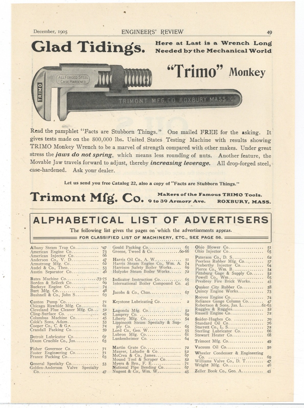 1905 Trimont mfg. Co. of Roxbury Massachusetts Ad: TRIMO Monkey Wrench FACTS